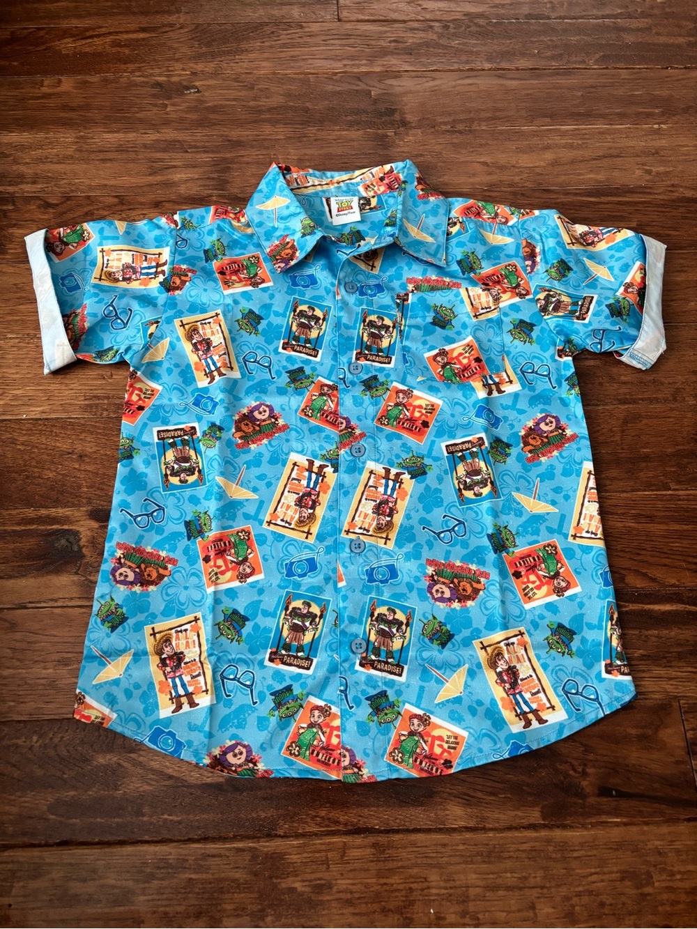 Disney Pixar Size 7 8 Boys Toy Story Hawaiian Button Shirt Short Sleeve Blue